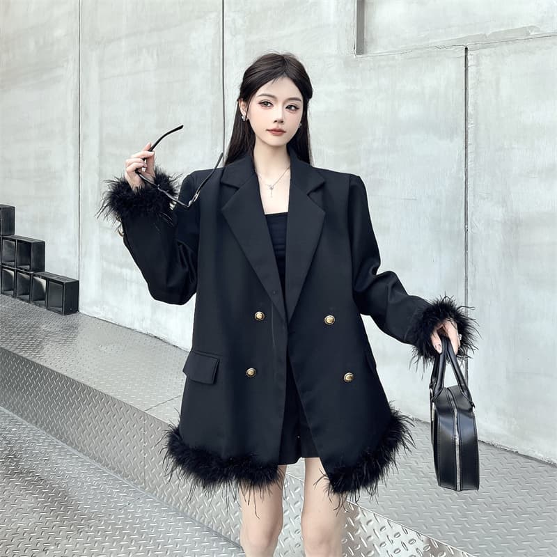 실사 고급 센스 빛 럭셔리 블레이저 품격 명문 여성 모피 패치워크 루즈핏 정장 이미지 4