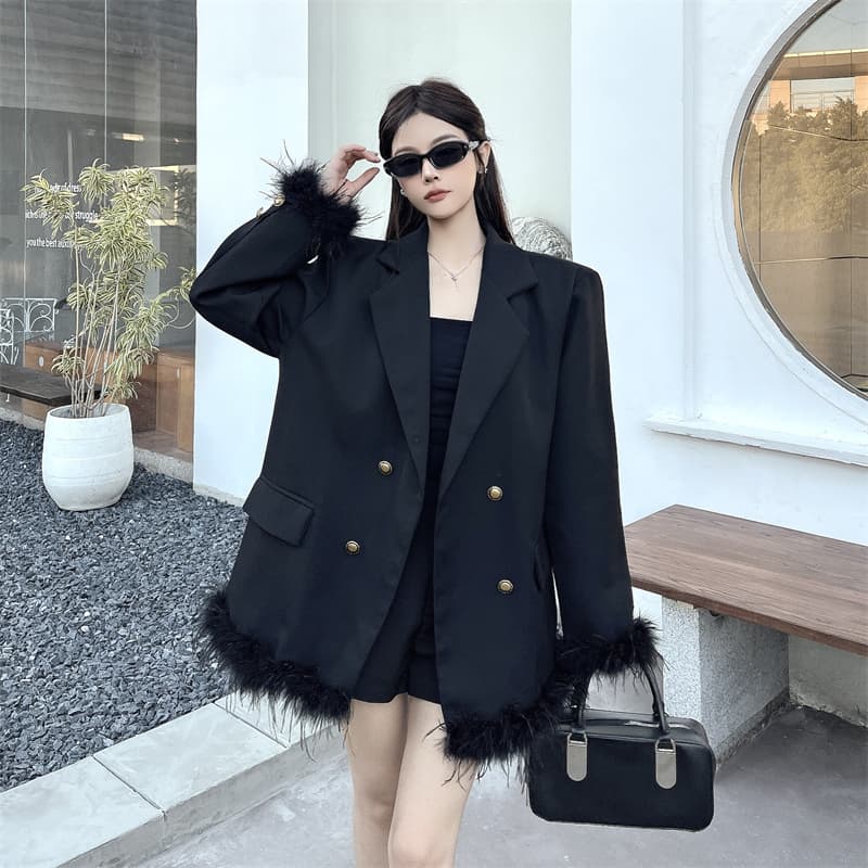 실사 고급 센스 빛 럭셔리 블레이저 품격 명문 여성 모피 패치워크 루즈핏 정장 상세 이미지 3
