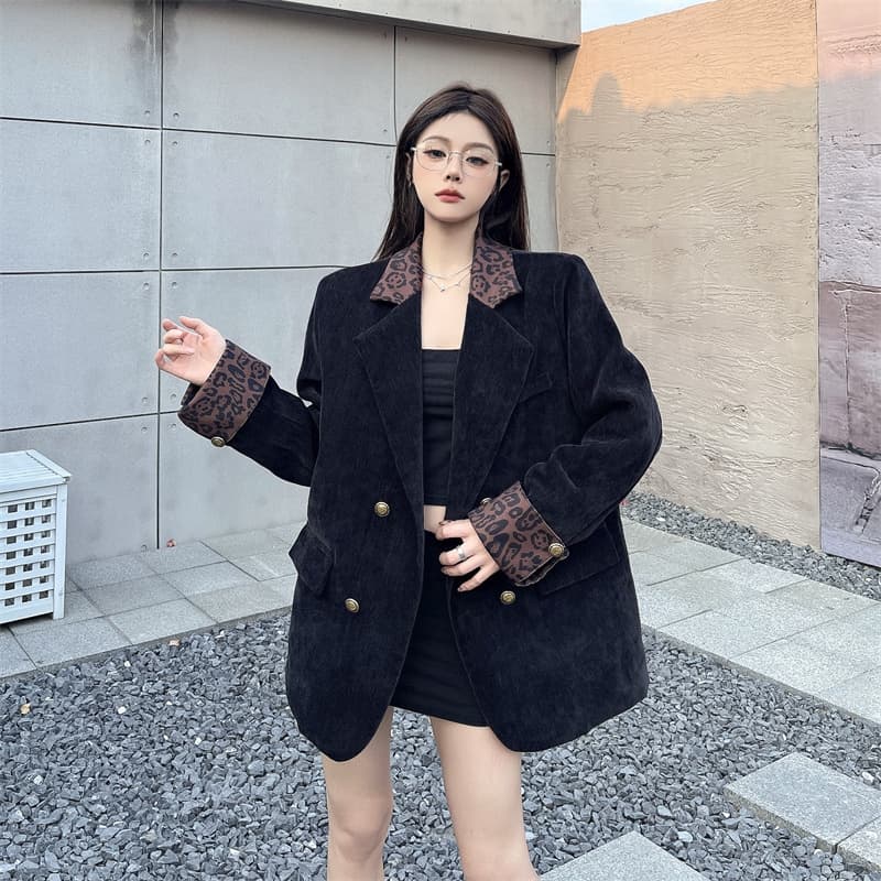 실사 고급 센스 셰닐 블레이저 패치워크 레오파드 무늬 한국 스타일 루즈핏 맨위 상세 이미지 13