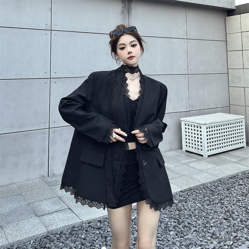 실사 검정색 레이스 조각 정장 여성 코트 봄 가을 새로운 품격 어깨 패드 정장 맨위 경기 리본 상세 이미지 17