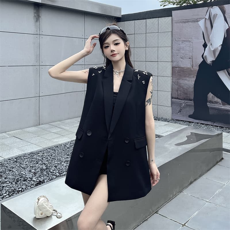 실사 새로운 숙련 된 출퇴근 바람 정장 칼라 못 훈련 이중 버튼 조끼 여성 루즈핏 중간 길이 맨위 상세 이미지 14
