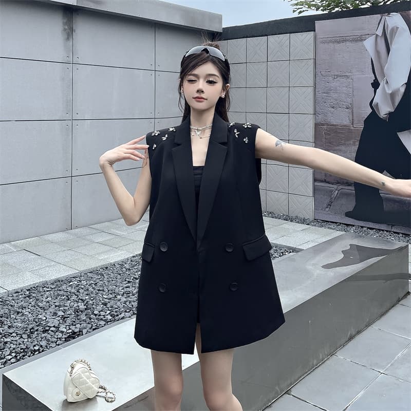 실사 새로운 숙련 된 출퇴근 바람 정장 칼라 못 훈련 이중 버튼 조끼 여성 루즈핏 중간 길이 맨위 상세 이미지 15