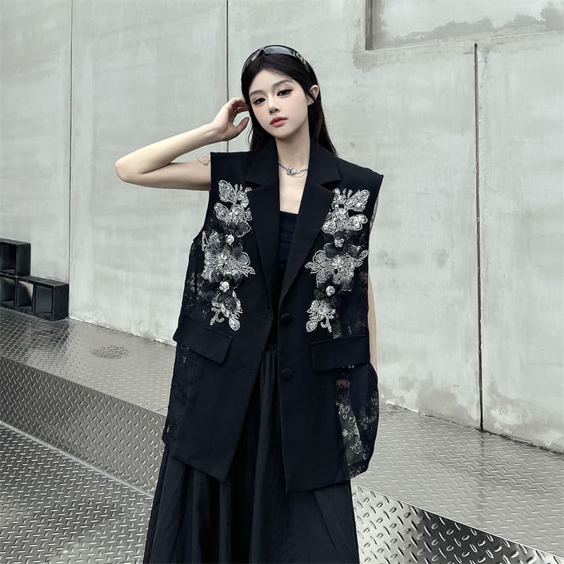 실사 빛 럭셔리 프랑스식 고급 센스 레이스 조각 정장 베스트 여름 얇은 스타일 비즈 박기 민소매 정장 재킷 상세 이미지 11