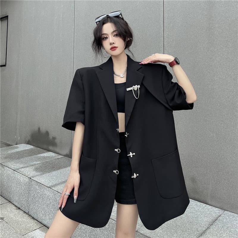 실사 뒤로 작은 심장 기계 페이크 레이어드 정장 반팔 루즈핏 금속 버클 재킷 얇은 스타일 여성 이미지 2