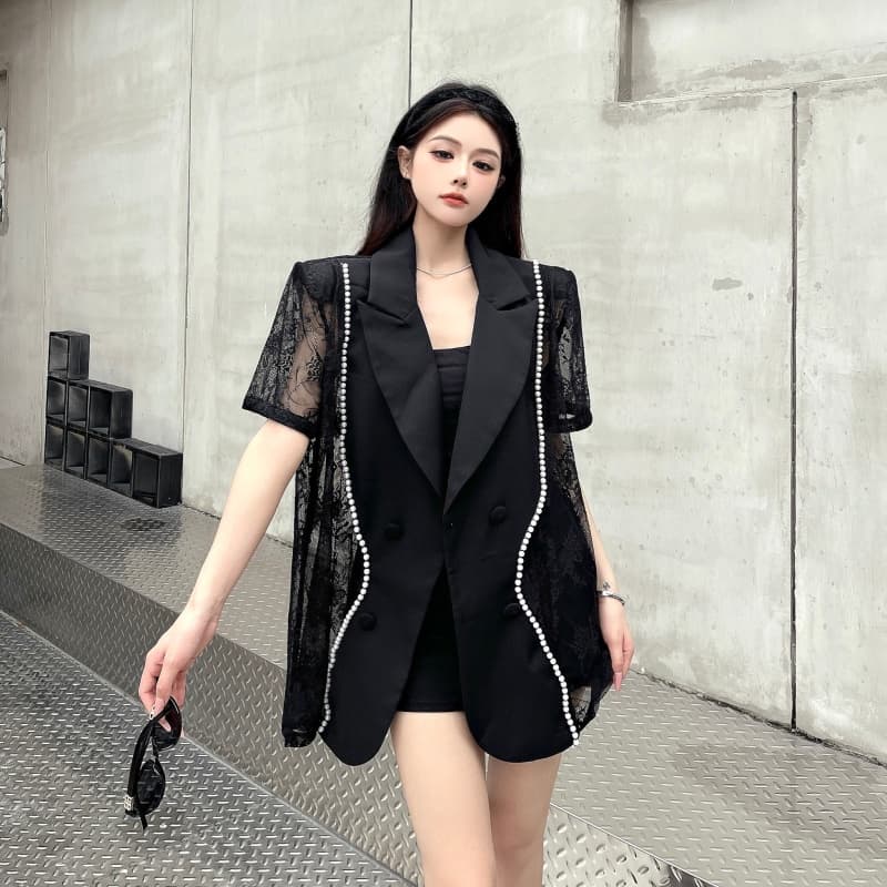 실사 고급 센스 레이스 진주 패치워크 어깨 패드 섹션 정장 여름 홀로우 아웃 품격 슬림해 보이는 정장 재킷 이미지 4