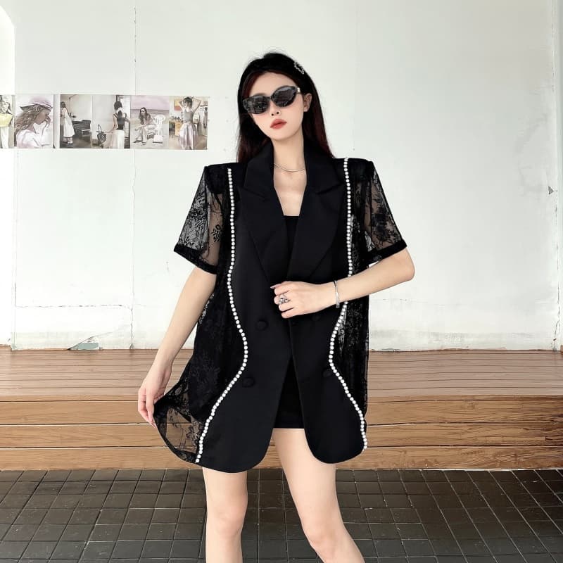 실사 고급 센스 레이스 진주 패치워크 어깨 패드 섹션 정장 여름 홀로우 아웃 품격 슬림해 보이는 정장 재킷 상세 이미지 3