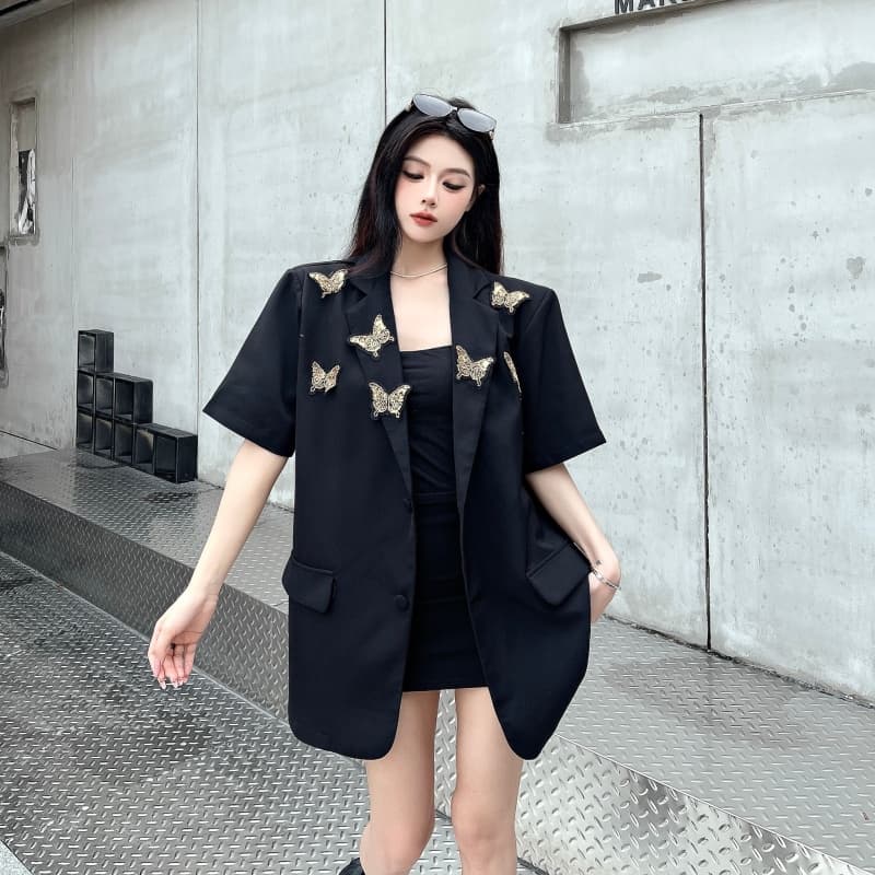 실사 디자인 센스 비즈 나비 자수 여름 루즈핏 캐주얼 품격 반팔 블레이저 맨위 상세 이미지 4