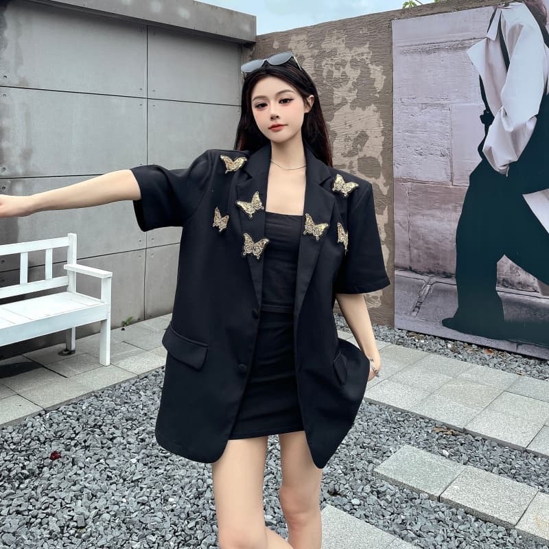 실사 디자인 센스 비즈 나비 자수 여름 루즈핏 캐주얼 품격 반팔 블레이저 맨위 상세 이미지 11