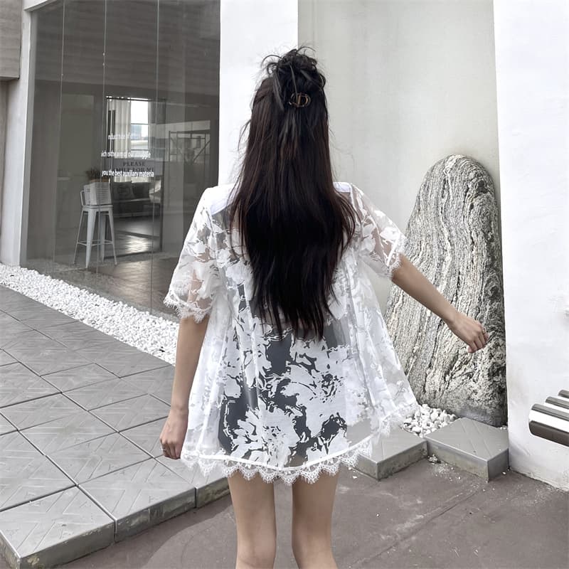 실사 품격 자카드 레이스 조각 시스루 정장 여성 코트 여름 새로운 리본 루즈핏 맨위 상세 이미지 17