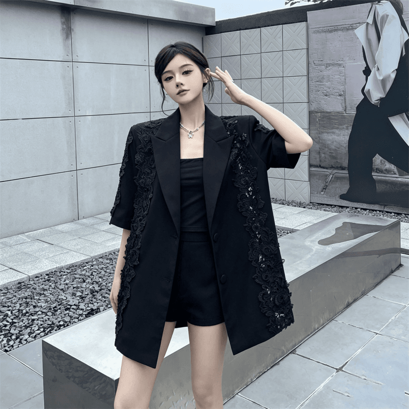실사 고급 센스 레이스 레이스 조각 정장 여성 코트 여름 새로운 홀로우 아웃 루즈핏 맨위 이미지 3