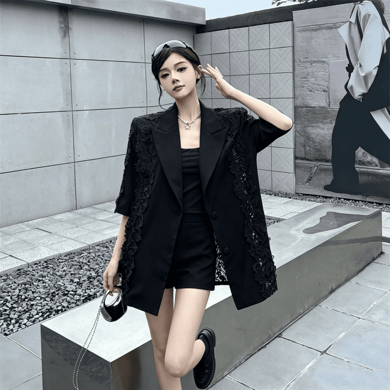 실사 고급 센스 레이스 레이스 조각 정장 여성 코트 여름 새로운 홀로우 아웃 루즈핏 맨위 상세 이미지 15