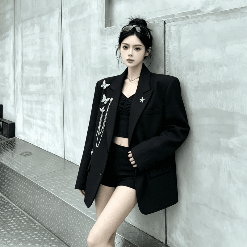 실사 금속 디자인 센스 나비 체인 정장 여성 코트 빛 럭셔리 어깨 패드 정장 트렌디 이미지 4