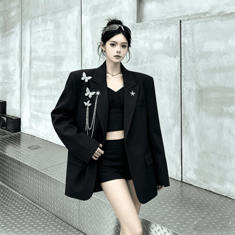 실사 금속 디자인 센스 나비 체인 정장 여성 코트 빛 럭셔리 어깨 패드 정장 트렌디 이미지 5