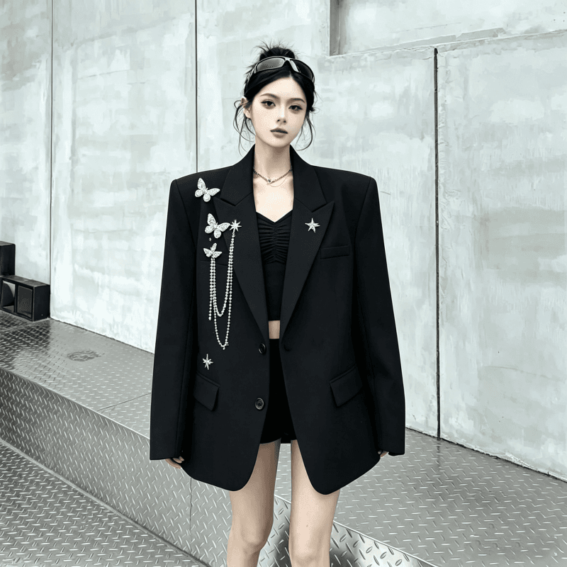 실사 금속 디자인 센스 나비 체인 정장 여성 코트 빛 럭셔리 어깨 패드 정장 트렌디 상세 이미지 1