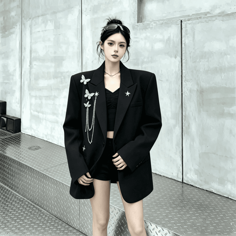 실사 금속 디자인 센스 나비 체인 정장 여성 코트 빛 럭셔리 어깨 패드 정장 트렌디 상세 이미지 2