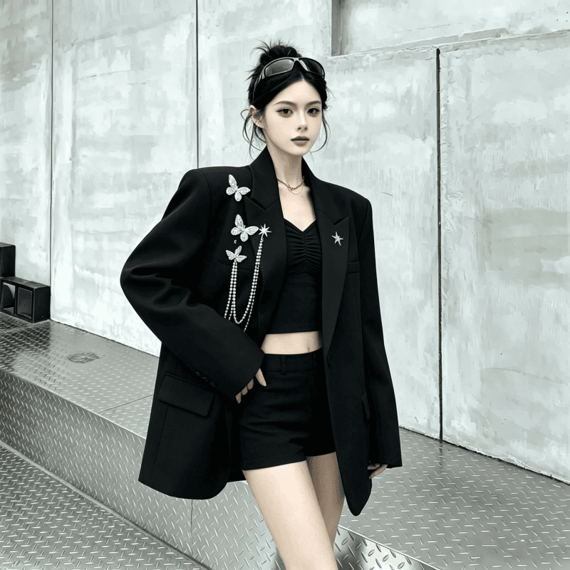 실사 금속 디자인 센스 나비 체인 정장 여성 코트 빛 럭셔리 어깨 패드 정장 트렌디 상세 이미지 3