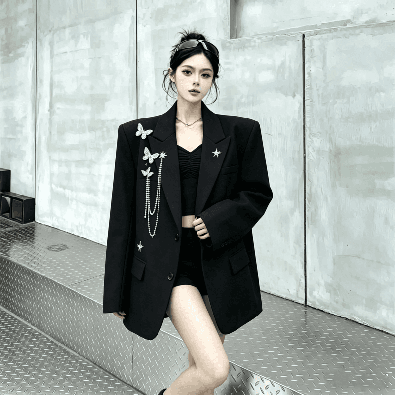 실사 금속 디자인 센스 나비 체인 정장 여성 코트 빛 럭셔리 어깨 패드 정장 트렌디 상세 이미지 4