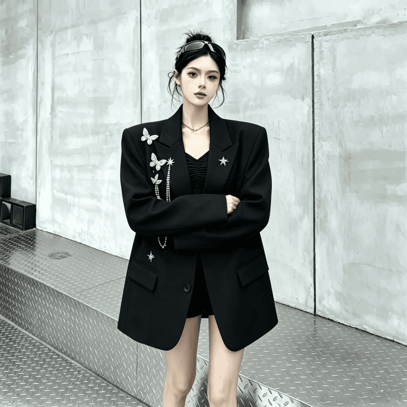 실사 금속 디자인 센스 나비 체인 정장 여성 코트 빛 럭셔리 어깨 패드 정장 트렌디 상세 이미지 5