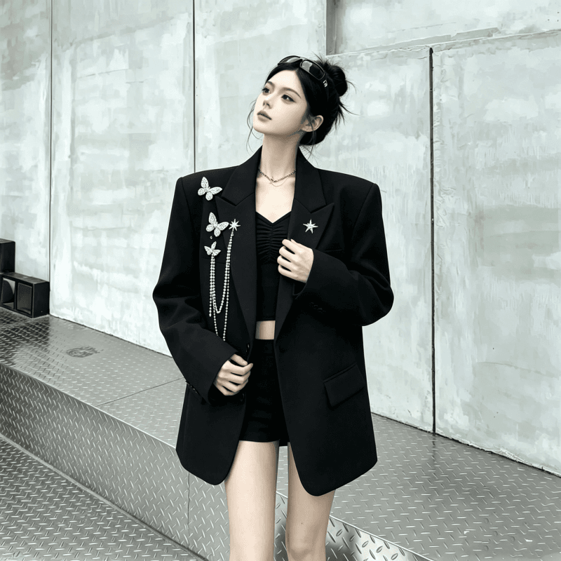 실사 금속 디자인 센스 나비 체인 정장 여성 코트 빛 럭셔리 어깨 패드 정장 트렌디 상세 이미지 6