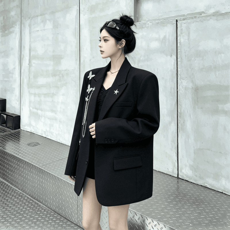 실사 금속 디자인 센스 나비 체인 정장 여성 코트 빛 럭셔리 어깨 패드 정장 트렌디 상세 이미지 8