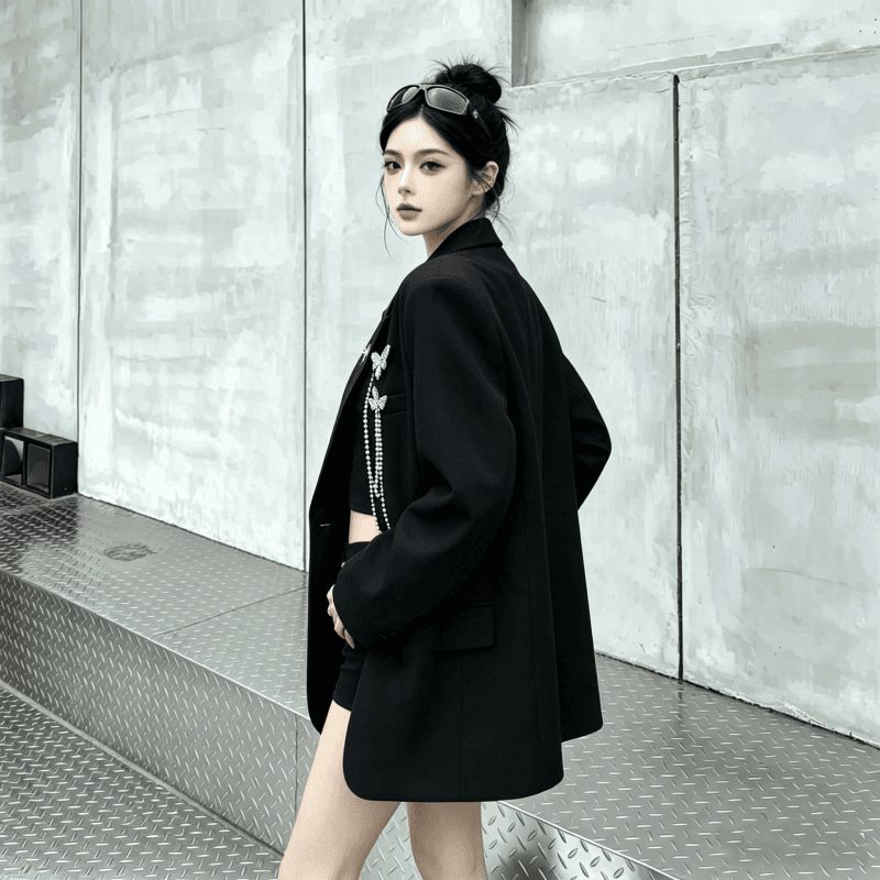 실사 금속 디자인 센스 나비 체인 정장 여성 코트 빛 럭셔리 어깨 패드 정장 트렌디 상세 이미지 12