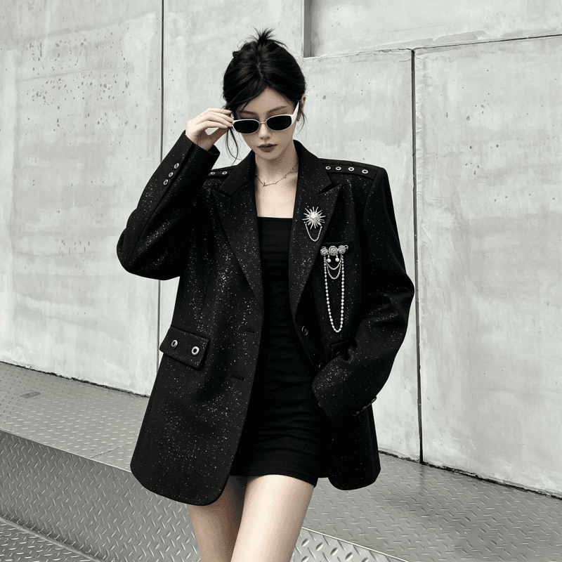 실사 디자인 센스 검정색 스팽글 블레이저 금속 정장 맨위 상세 이미지 8