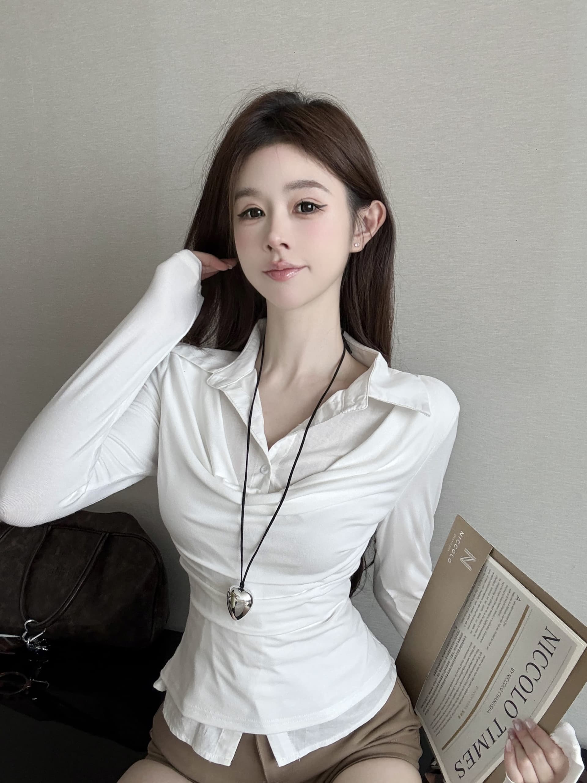 실사 정가 페이크 레이어드 긴팔 POLO 칼라 티셔츠 맨위 패치워크 셔츠 작은 대중 기본 셔츠 상세 이미지 1
