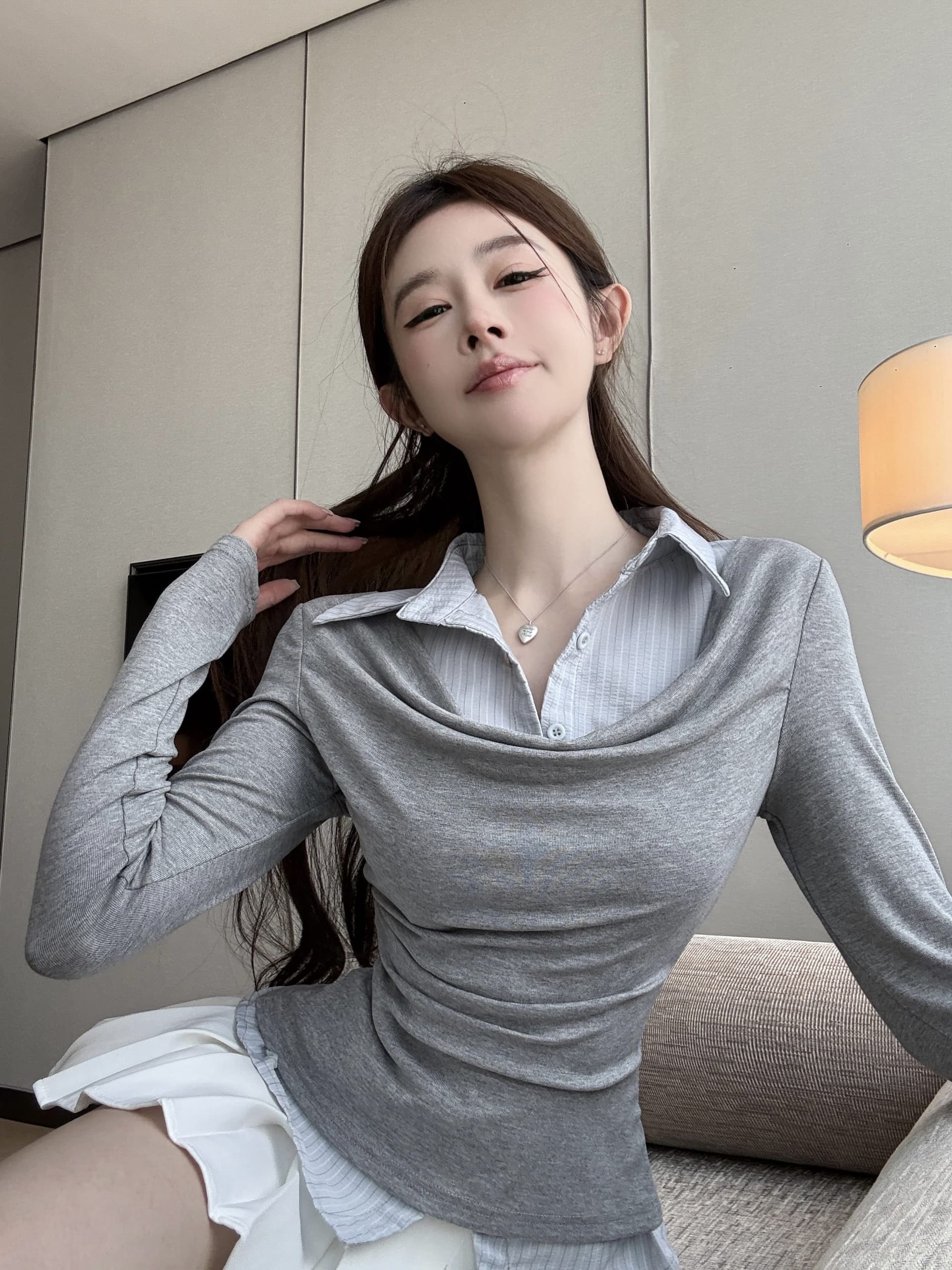 실사 정가 페이크 레이어드 긴팔 POLO 칼라 티셔츠 맨위 패치워크 셔츠 작은 대중 기본 셔츠 상세 이미지 21