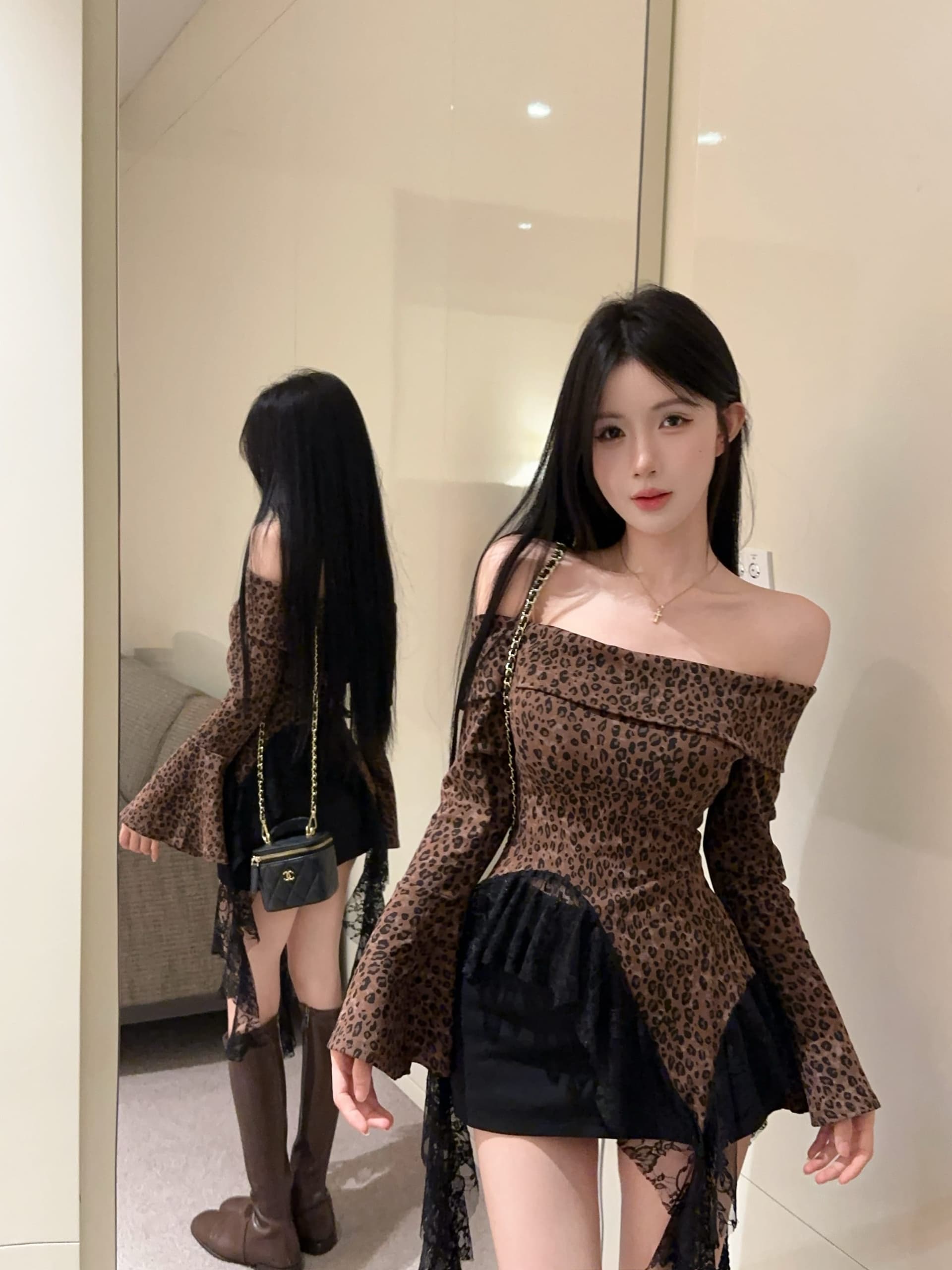 실사 정가 이른 가을 새로운 핫걸 레이스 조각 레오파드 무늬 기본 셔츠 오프숄더 티셔츠 몸매 가꾸기 슬림해 보이는 맨위 상세 이미지 11