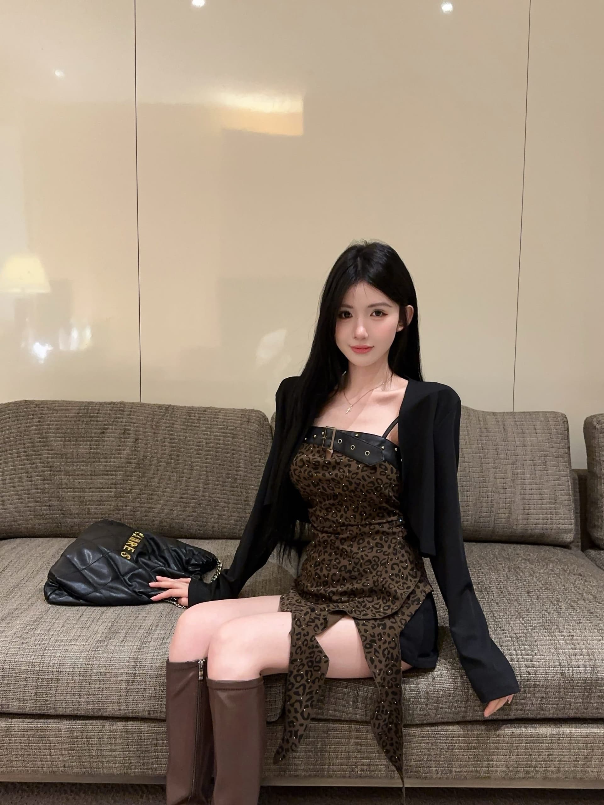 실사 정가 2026 새로운 레오파드 무늬 불규칙 슬립 카디건 코트 튜브탑 조끼 투피스 슈트 상세 이미지 7