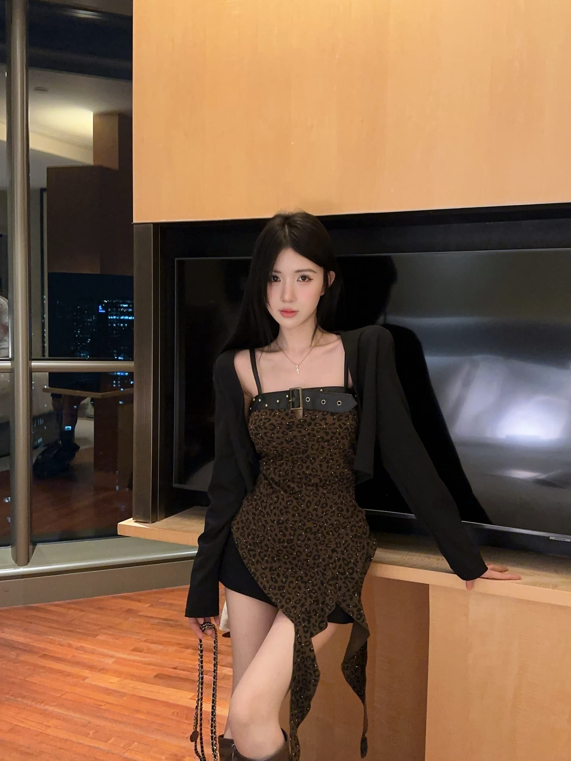실사 정가 2026 새로운 레오파드 무늬 불규칙 슬립 카디건 코트 튜브탑 조끼 투피스 슈트 상세 이미지 8