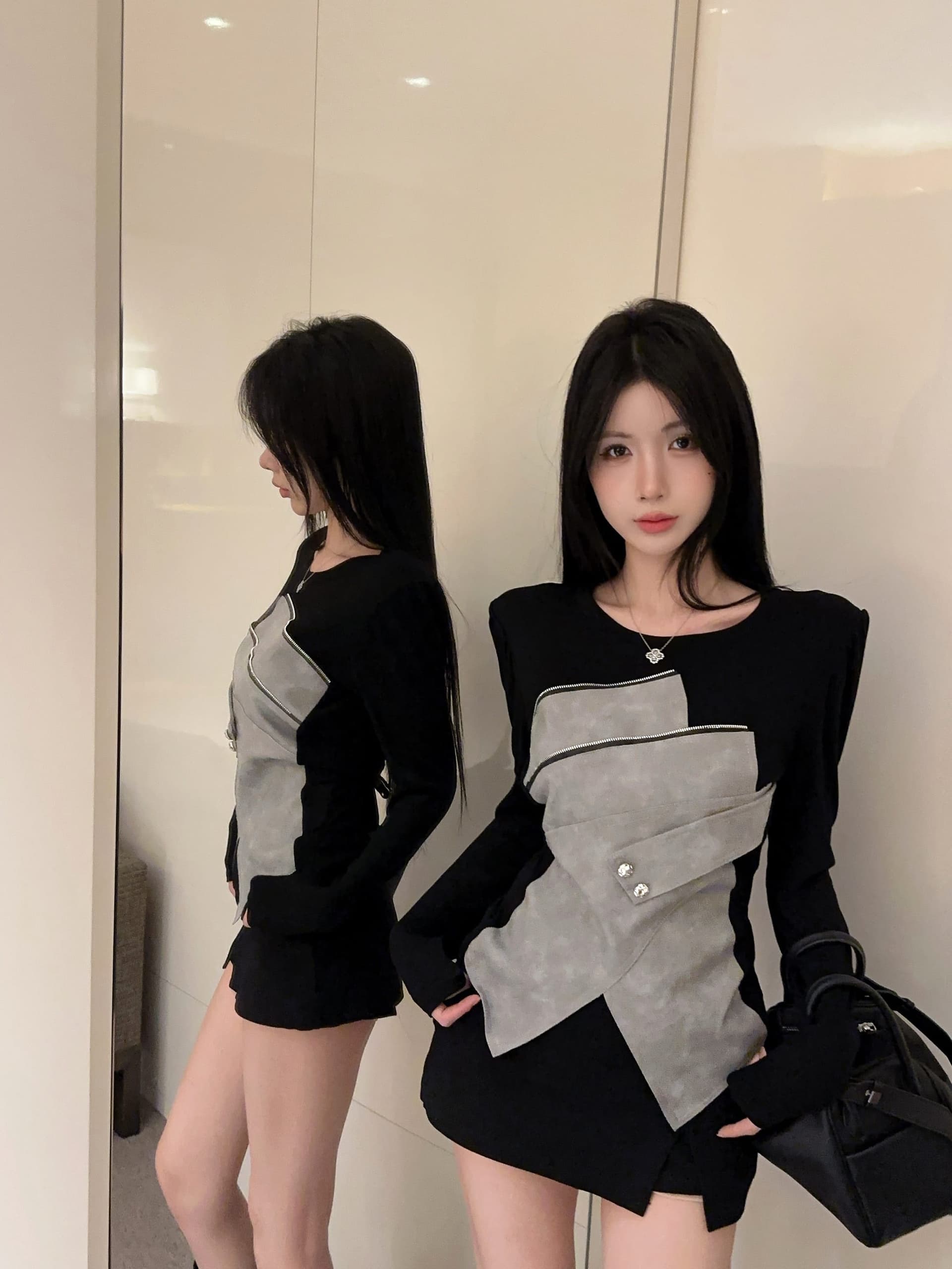 실사 정가 이른 가을 새로운 불규칙 패치워크 라운드 넥 긴팔 티셔츠 작은 대중 슬림해 보이는 기본 셔츠 맨위 상세 이미지 10