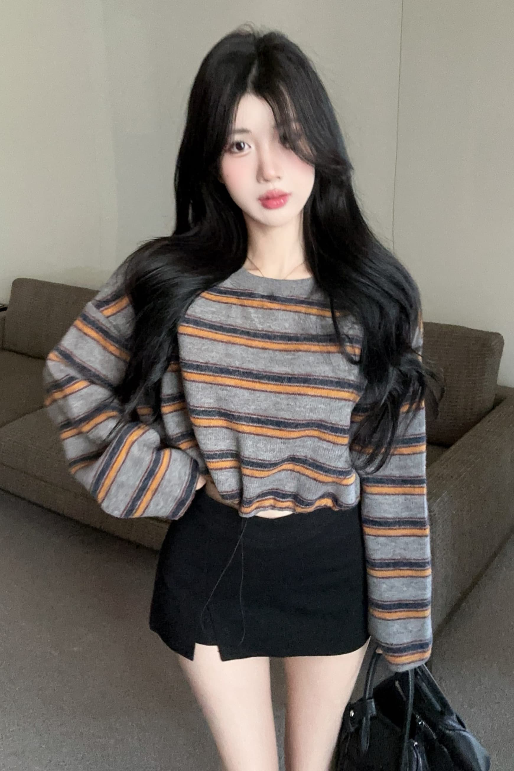 실사 정가 레트로 배색 스트라이프 펌프 로프 라운드 넥 긴팔 후드티 여성 느긋한 바람 루즈핏 슬림해 보이는 티셔츠 트렌디 이미지 6