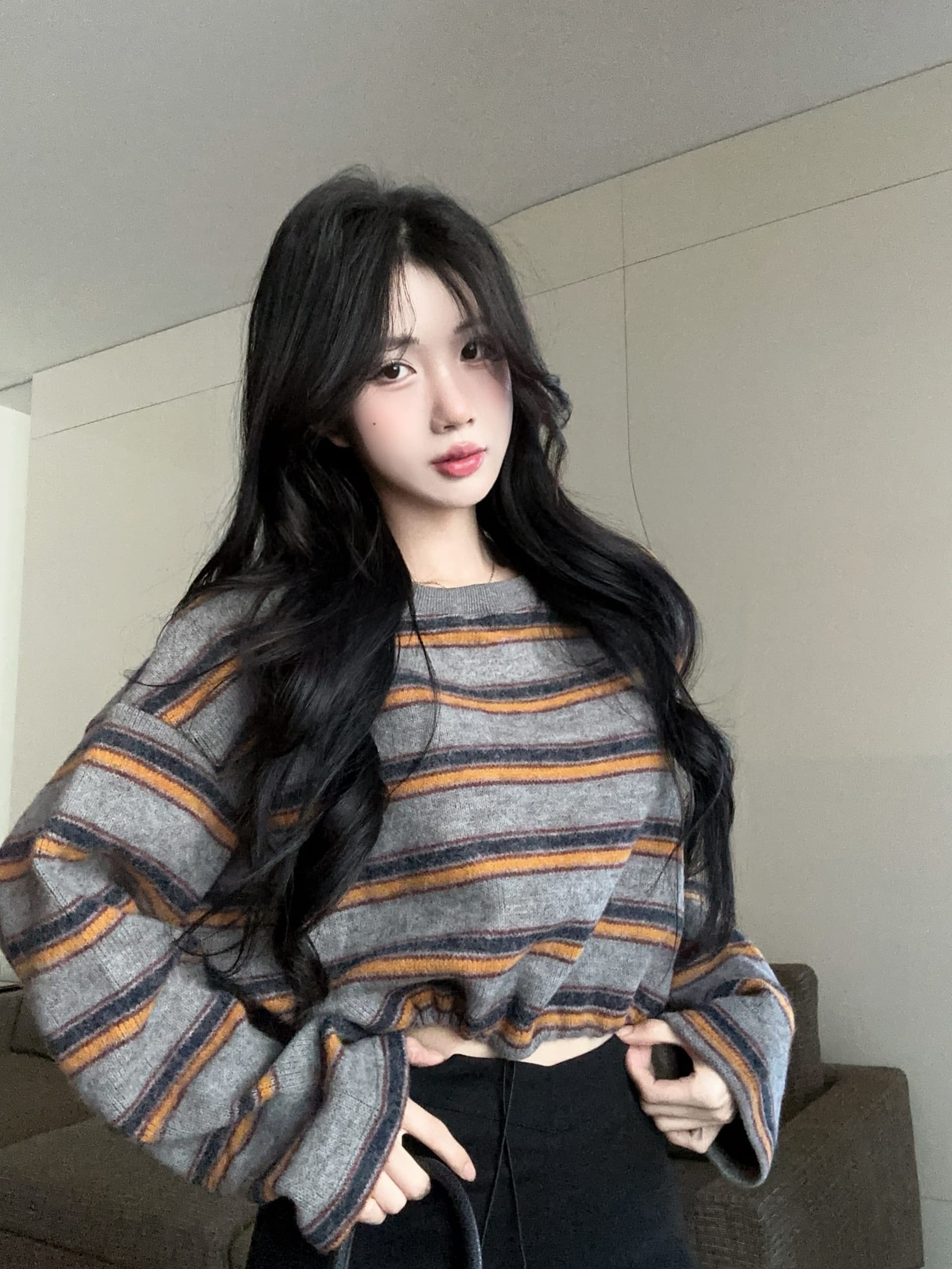 실사 정가 레트로 배색 스트라이프 펌프 로프 라운드 넥 긴팔 후드티 여성 느긋한 바람 루즈핏 슬림해 보이는 티셔츠 트렌디 상세 이미지 2