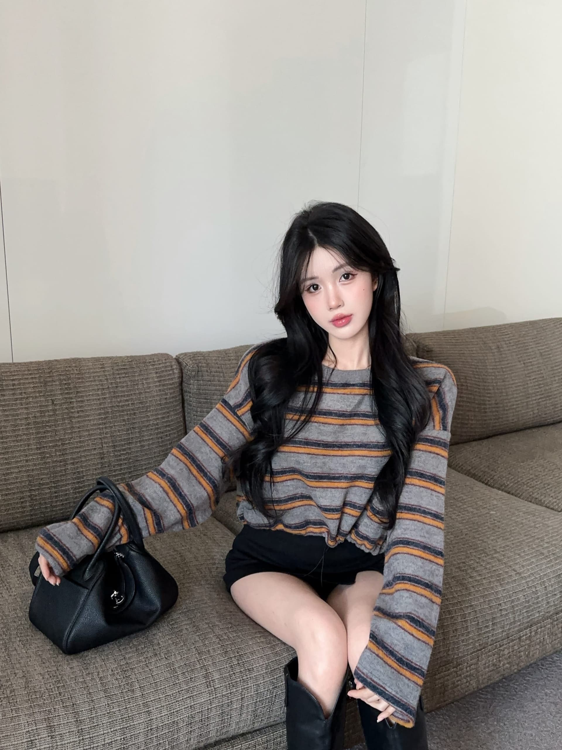 실사 정가 레트로 배색 스트라이프 펌프 로프 라운드 넥 긴팔 후드티 여성 느긋한 바람 루즈핏 슬림해 보이는 티셔츠 트렌디 상세 이미지 5