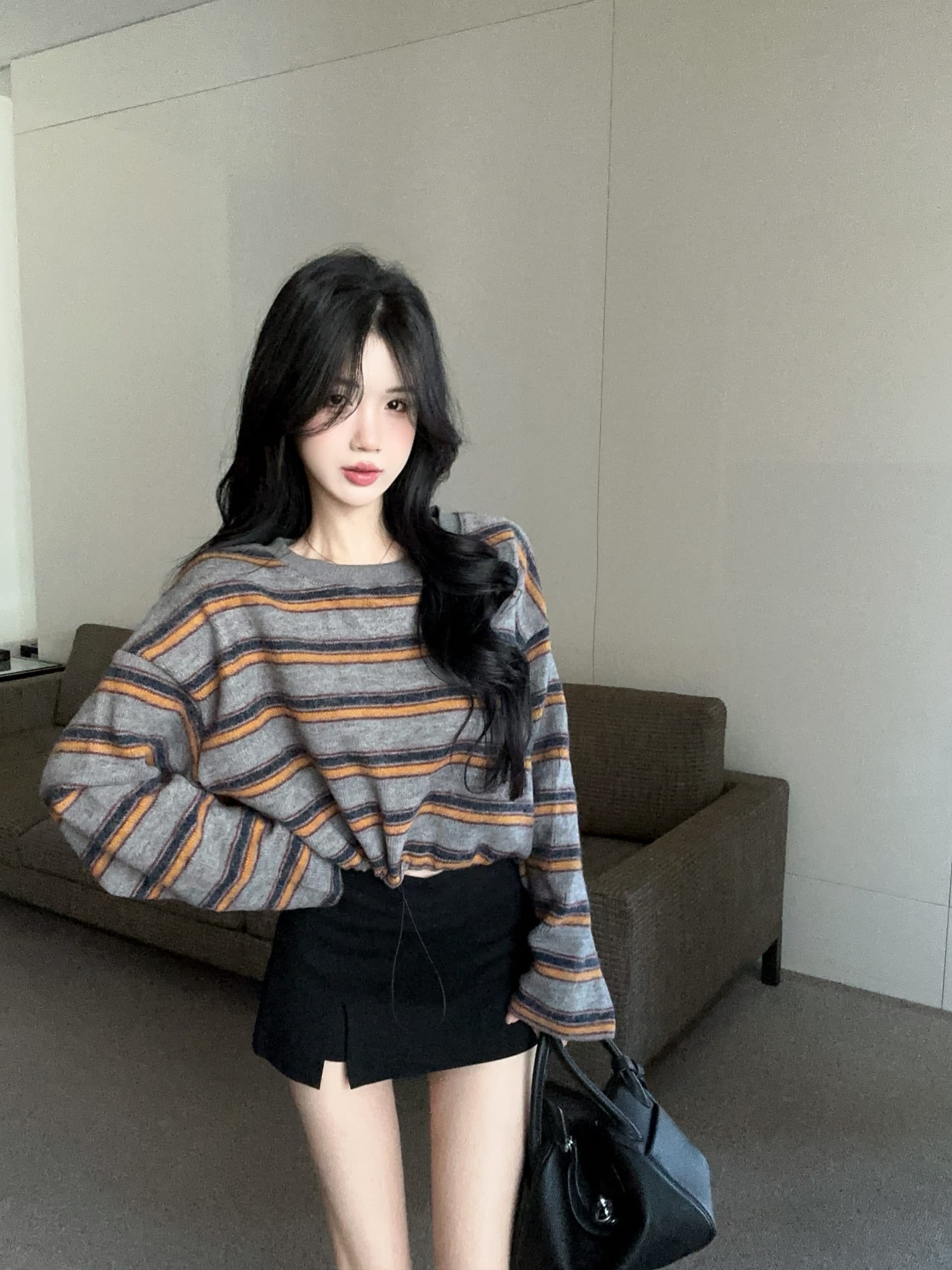실사 정가 레트로 배색 스트라이프 펌프 로프 라운드 넥 긴팔 후드티 여성 느긋한 바람 루즈핏 슬림해 보이는 티셔츠 트렌디 상세 이미지 8