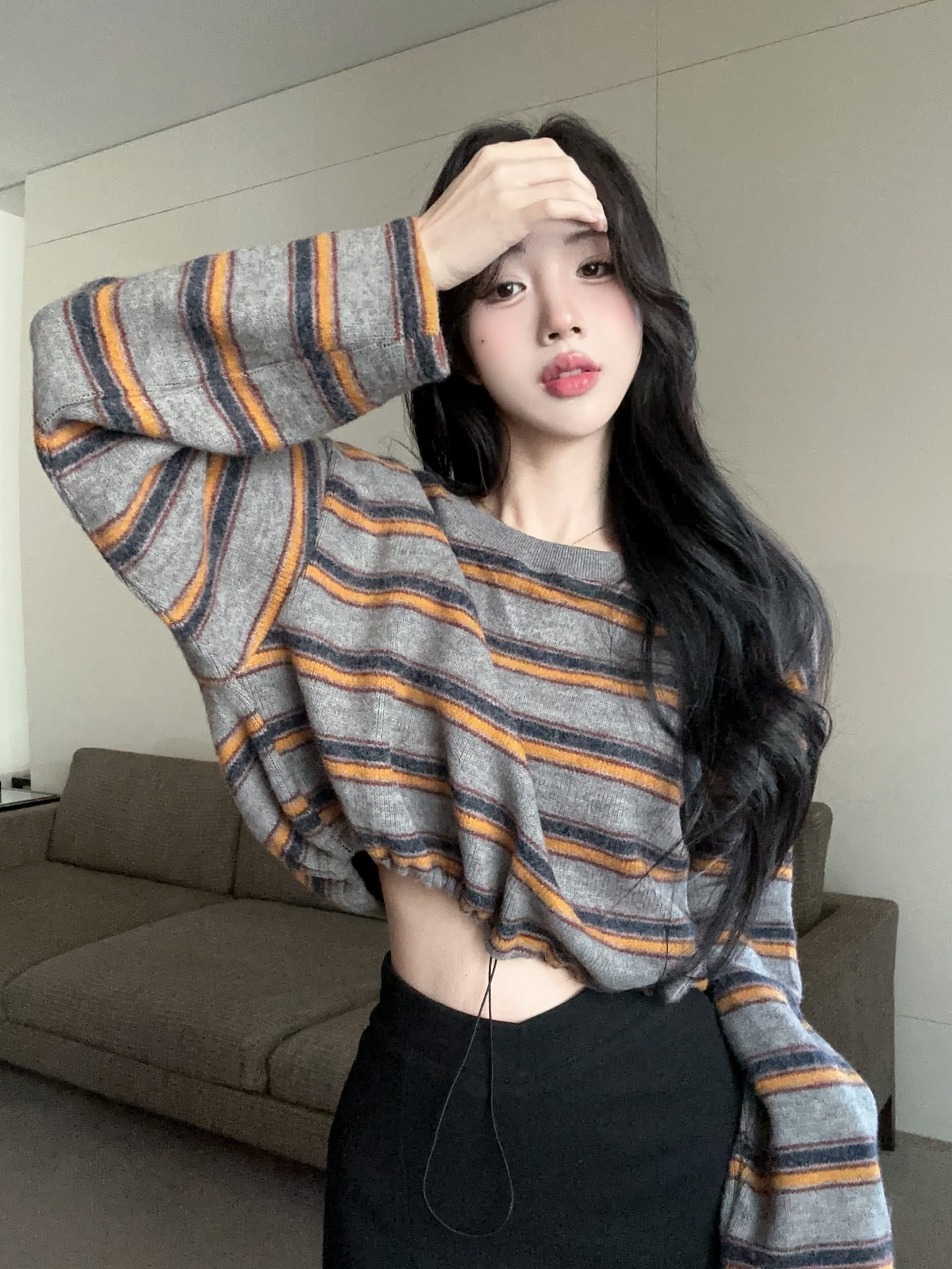 실사 정가 레트로 배색 스트라이프 펌프 로프 라운드 넥 긴팔 후드티 여성 느긋한 바람 루즈핏 슬림해 보이는 티셔츠 트렌디 상세 이미지 10