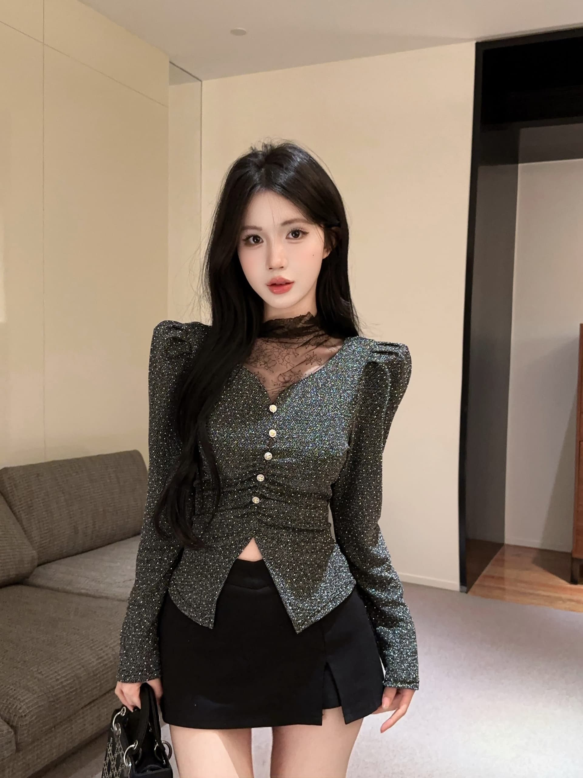 실사 정가 bulingbuling 레이스 조각 긴팔 광택 실 티셔츠 여성 트임 핫픽스 기본 셔츠 맨위 상세 이미지 6