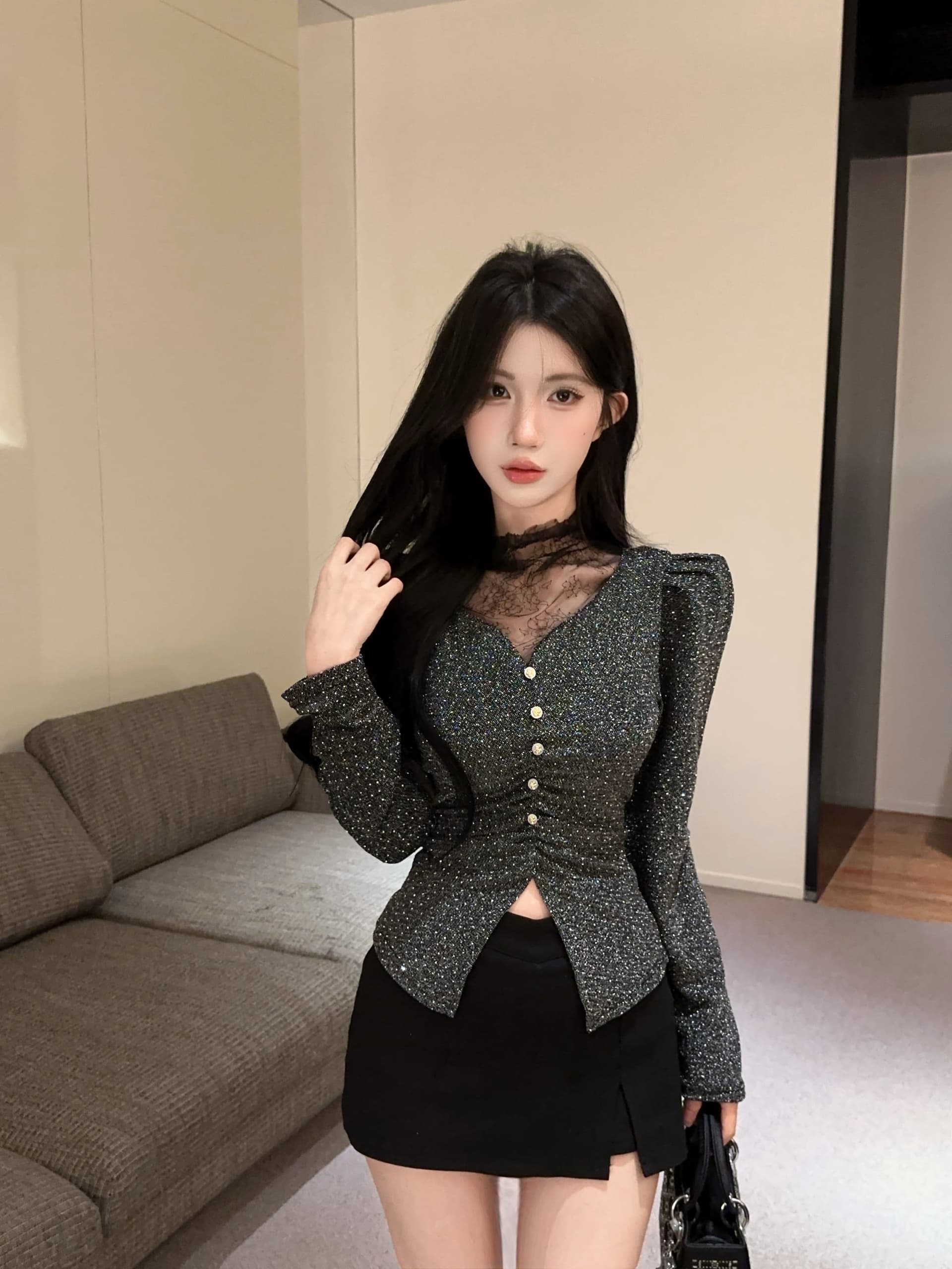 실사 정가 bulingbuling 레이스 조각 긴팔 광택 실 티셔츠 여성 트임 핫픽스 기본 셔츠 맨위 상세 이미지 7
