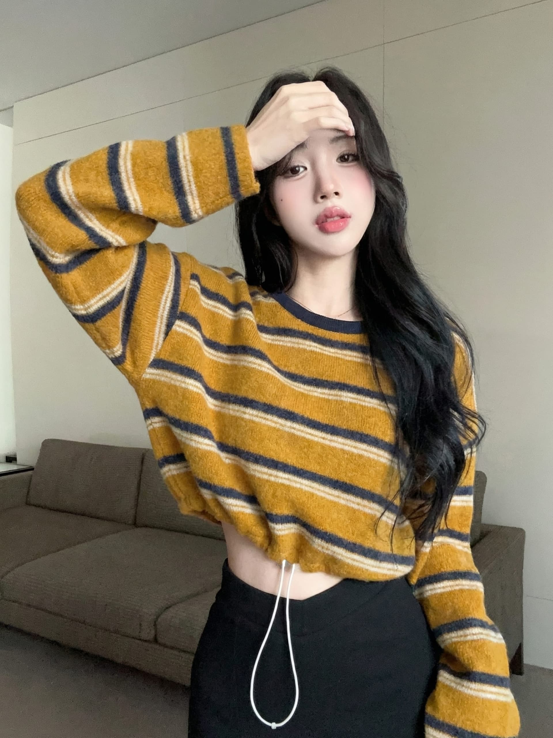 실사 정가 레트로 배색 스트라이프 펌프 로프 라운드 넥 긴팔 후드티 여성 느긋한 바람 루즈핏 슬림해 보이는 티셔츠 트렌디 상세 이미지 15
