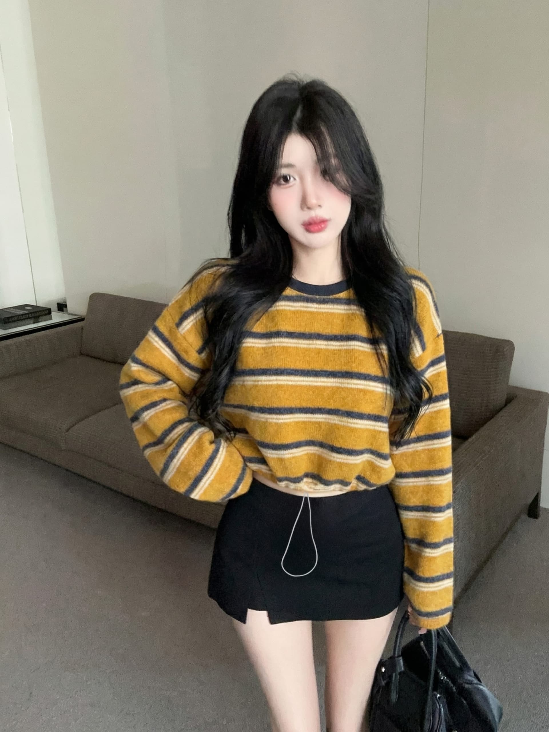 실사 정가 레트로 배색 스트라이프 펌프 로프 라운드 넥 긴팔 후드티 여성 느긋한 바람 루즈핏 슬림해 보이는 티셔츠 트렌디 상세 이미지 16
