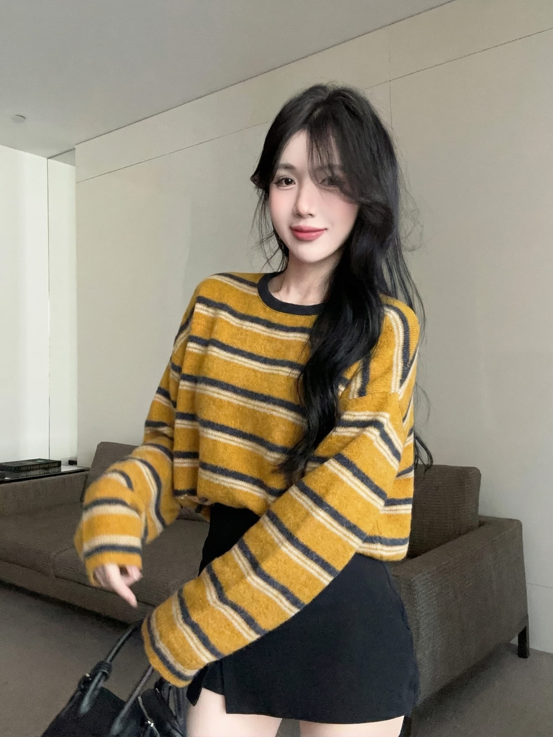 실사 정가 레트로 배색 스트라이프 펌프 로프 라운드 넥 긴팔 후드티 여성 느긋한 바람 루즈핏 슬림해 보이는 티셔츠 트렌디 상세 이미지 20
