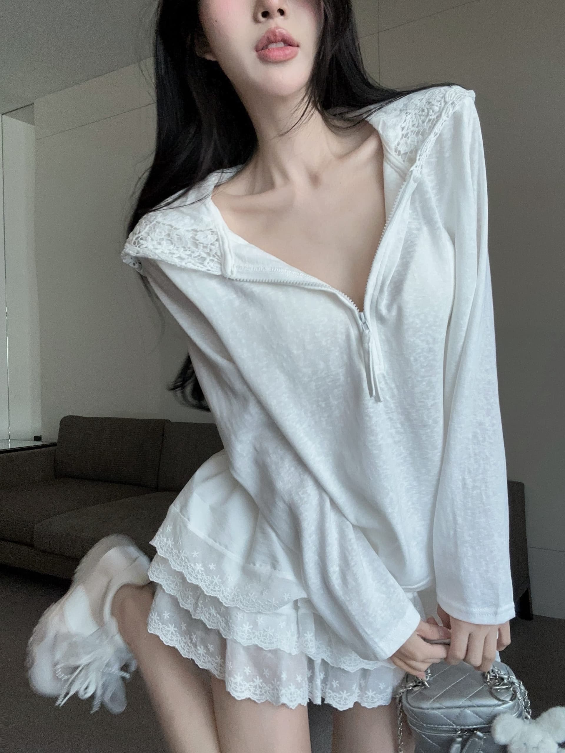 실사 정가 2026 여름 새로운 후드 레이스 측면 티셔츠 루즈핏 맨위 레이스 측면 미니 스커트 투피스 슈트 상세 이미지 1