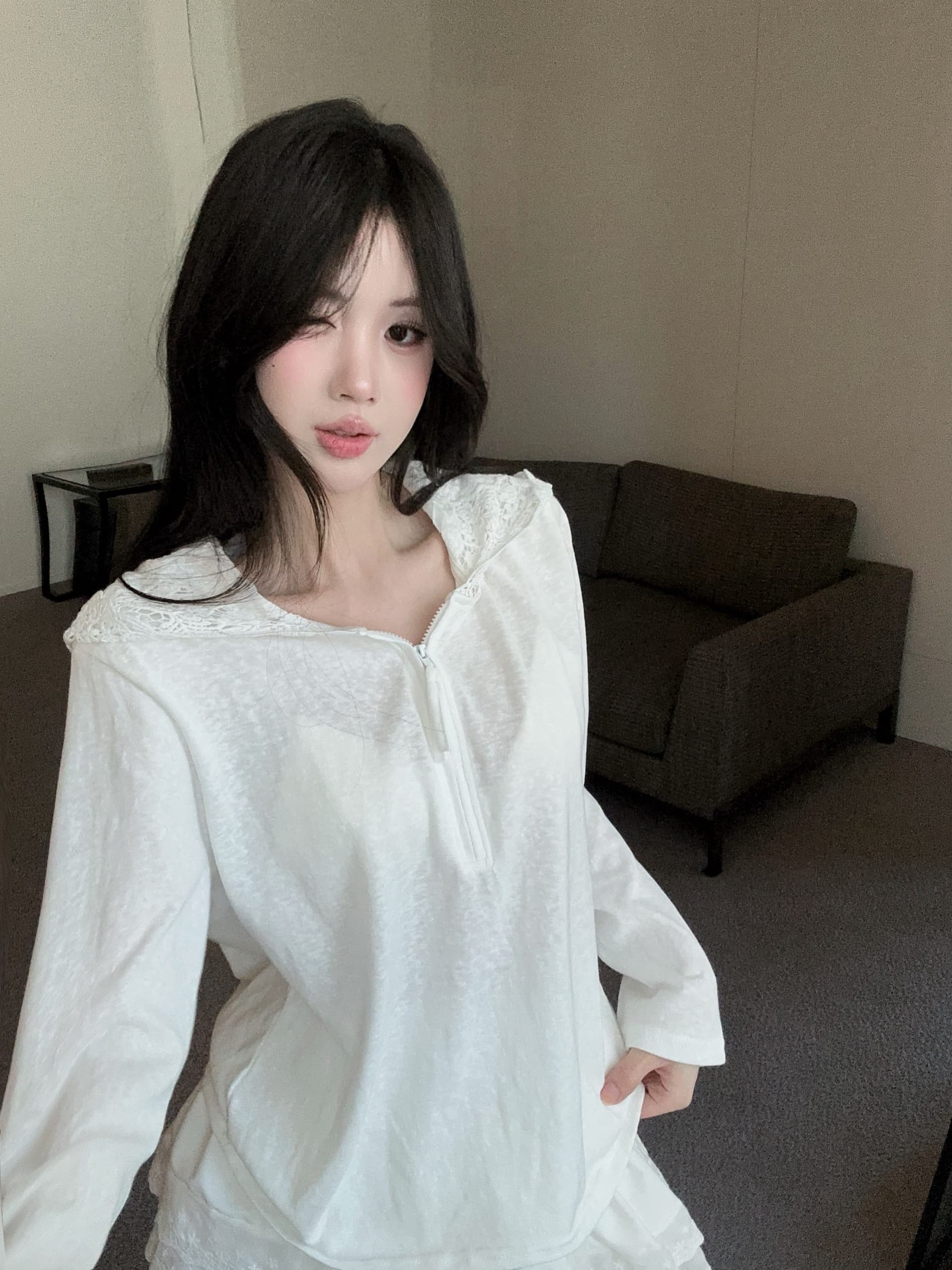실사 정가 2026 여름 새로운 후드 레이스 측면 티셔츠 루즈핏 맨위 레이스 측면 미니 스커트 투피스 슈트 상세 이미지 7
