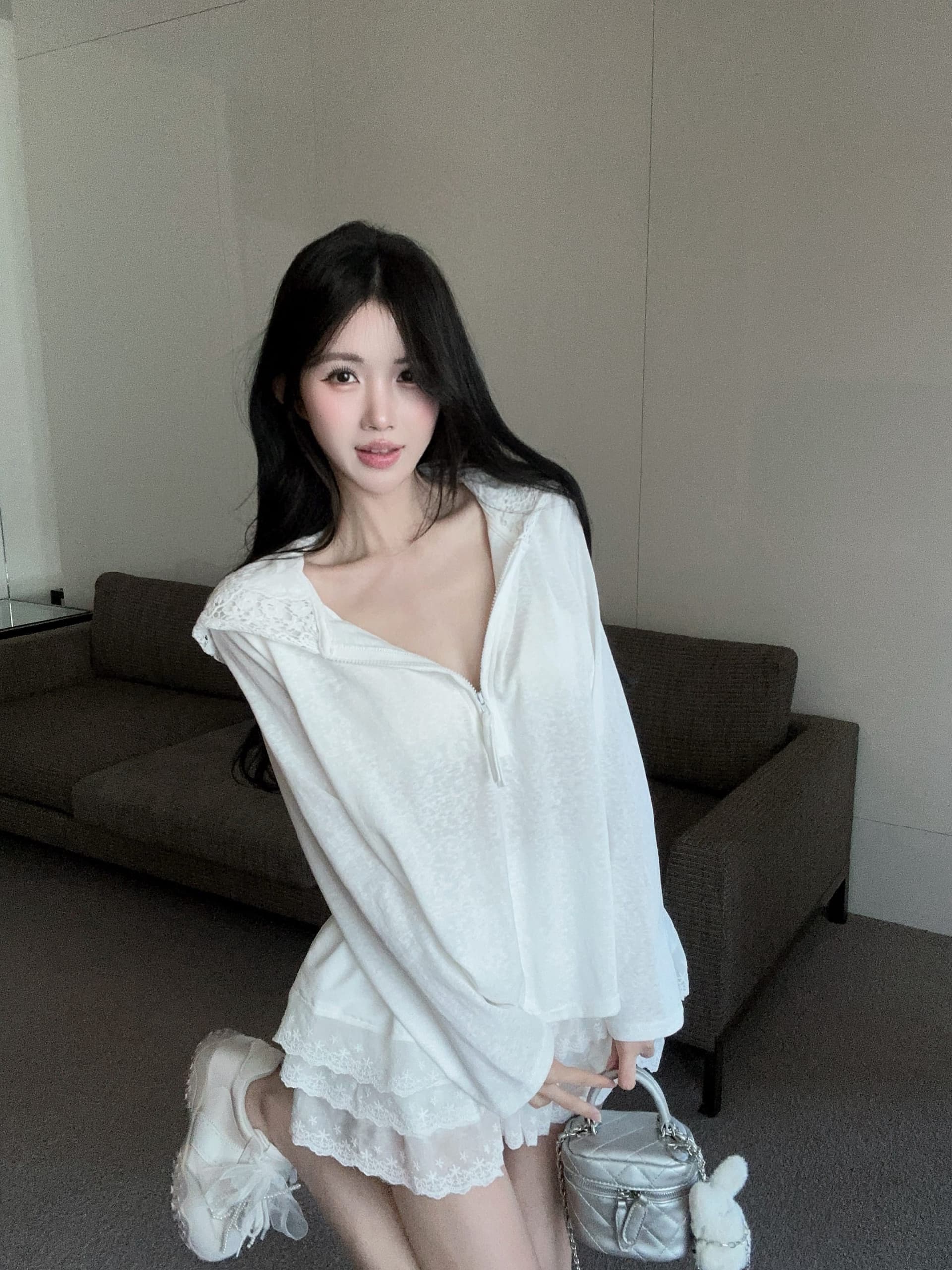 실사 정가 2026 여름 새로운 후드 레이스 측면 티셔츠 루즈핏 맨위 레이스 측면 미니 스커트 투피스 슈트 상세 이미지 8
