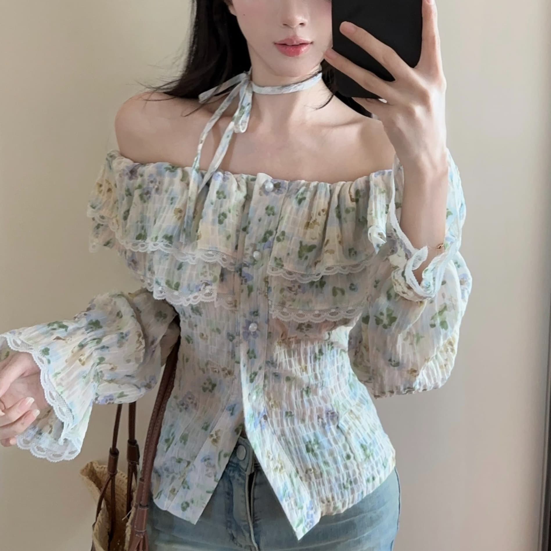 실사 정가 이른 가을 새로운 오프숄더 꽃무늬 레이스 레이스 쉬폰 블라우스 긴팔 맨위 여성 꼬집기 허리 셔츠 이미지 5