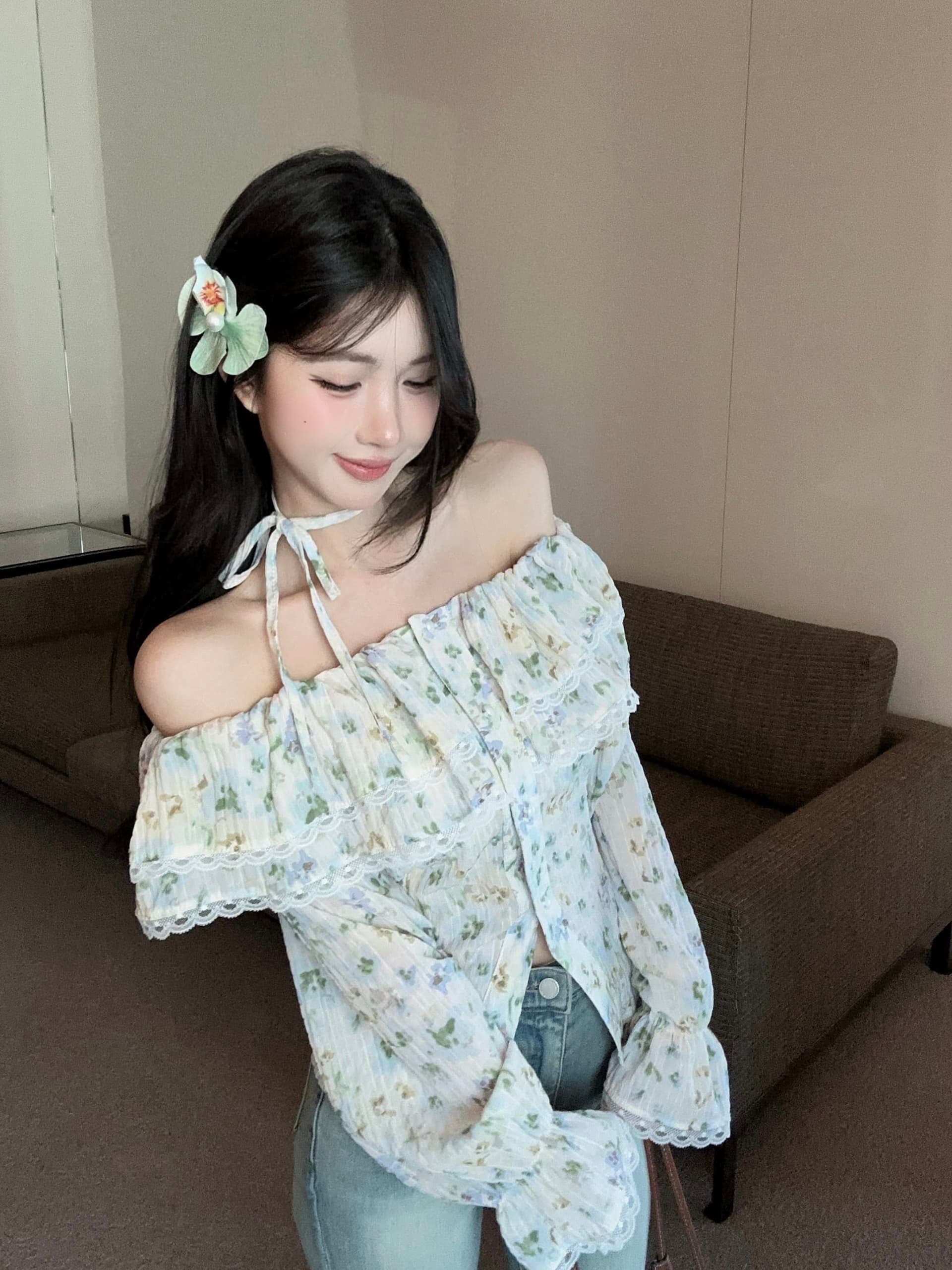 실사 정가 이른 가을 새로운 오프숄더 꽃무늬 레이스 레이스 쉬폰 블라우스 긴팔 맨위 여성 꼬집기 허리 셔츠 상세 이미지 4