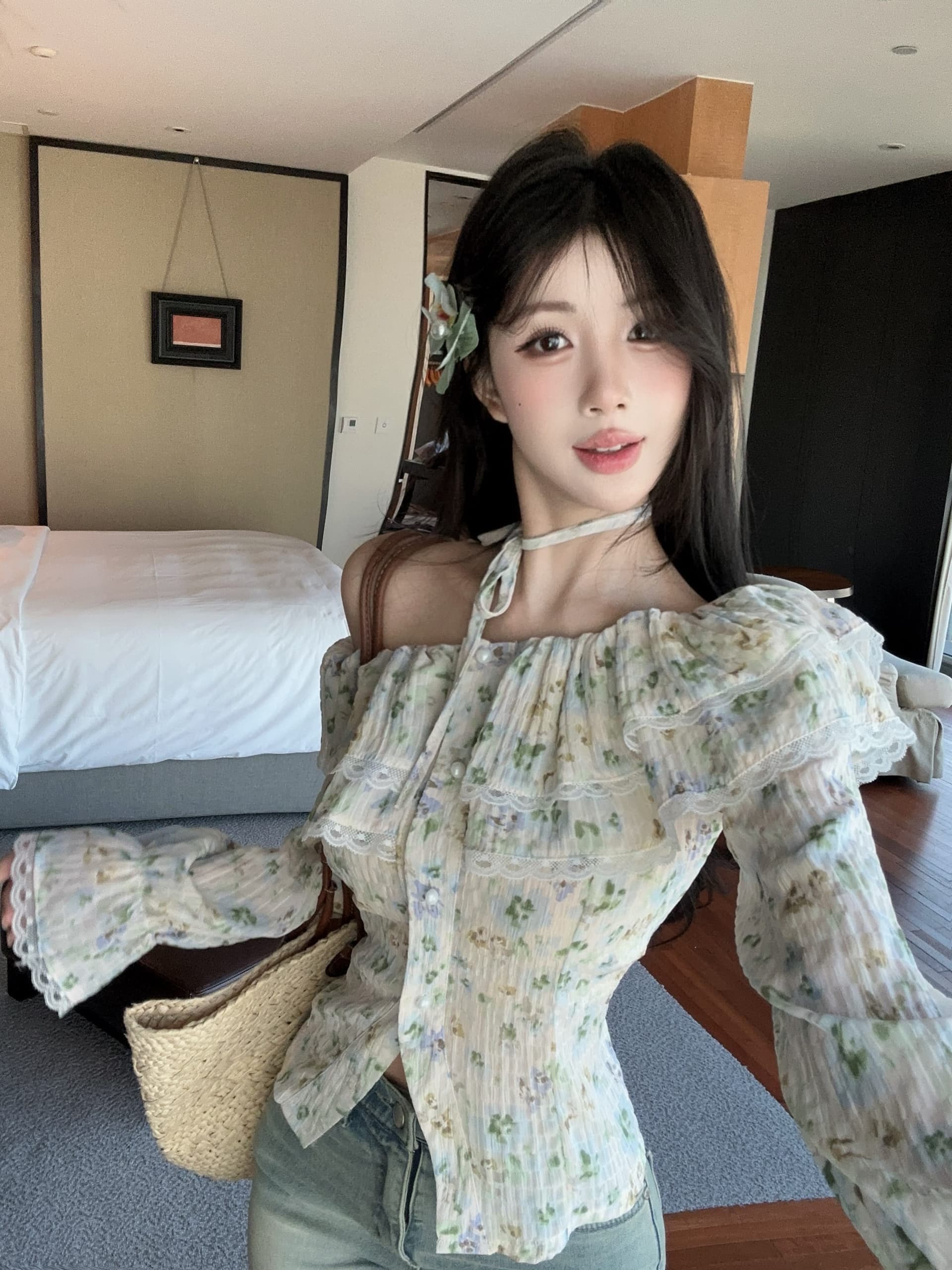 실사 정가 이른 가을 새로운 오프숄더 꽃무늬 레이스 레이스 쉬폰 블라우스 긴팔 맨위 여성 꼬집기 허리 셔츠 상세 이미지 7