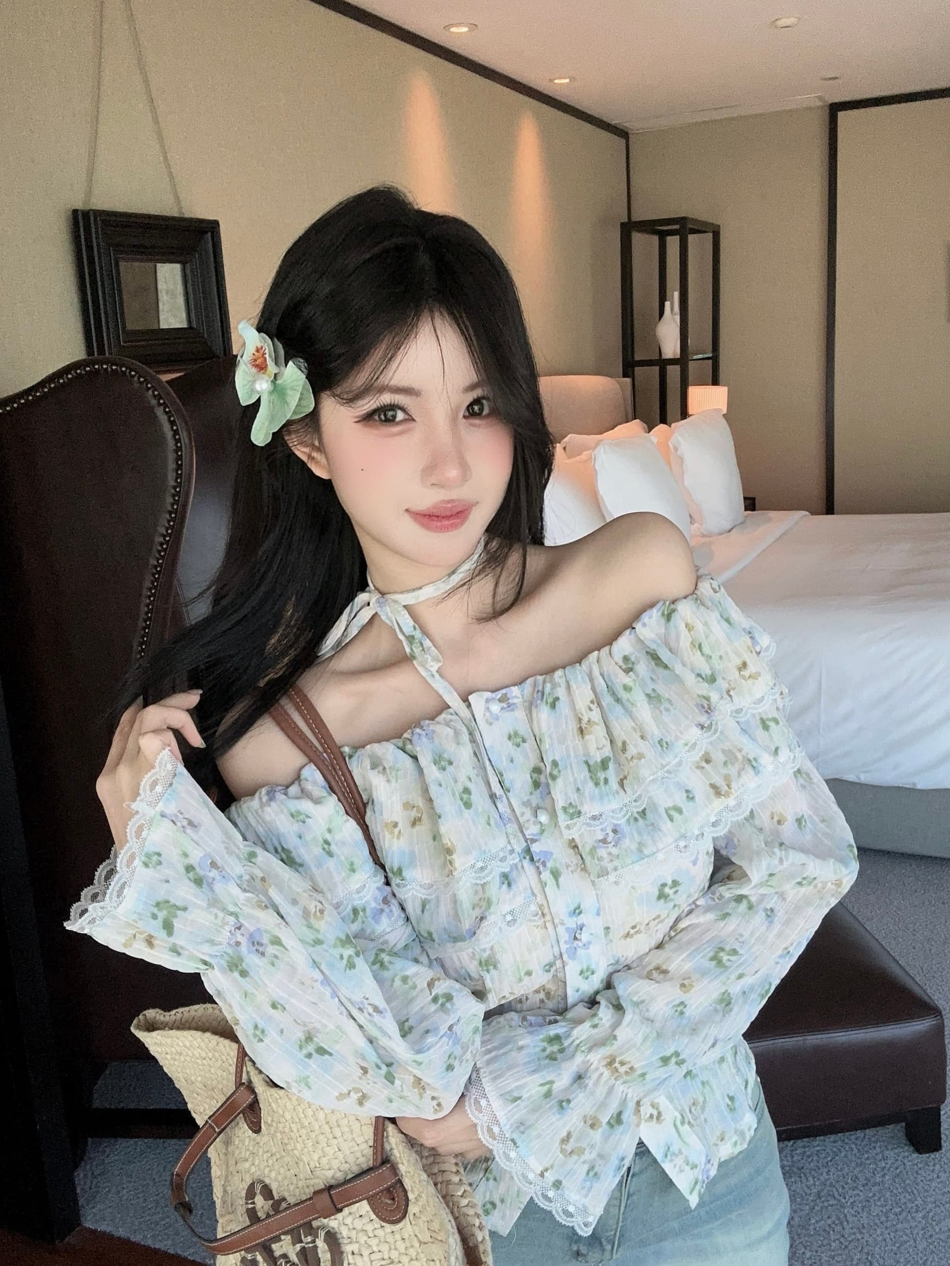 실사 정가 이른 가을 새로운 오프숄더 꽃무늬 레이스 레이스 쉬폰 블라우스 긴팔 맨위 여성 꼬집기 허리 셔츠 상세 이미지 11