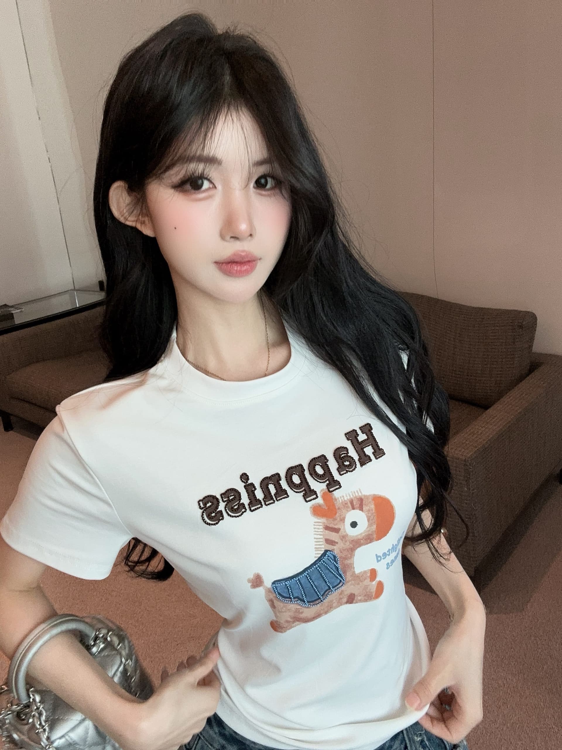 실사 정가 활력 작은 말 명시적 스티치 3 차원 자수 프린트 반팔 티셔츠 여성 라운드 넥 맨위 상세 이미지 4
